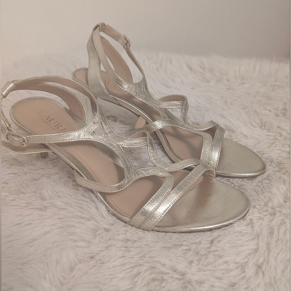 White Gold Ralph Lauren Leather Strappy Heels